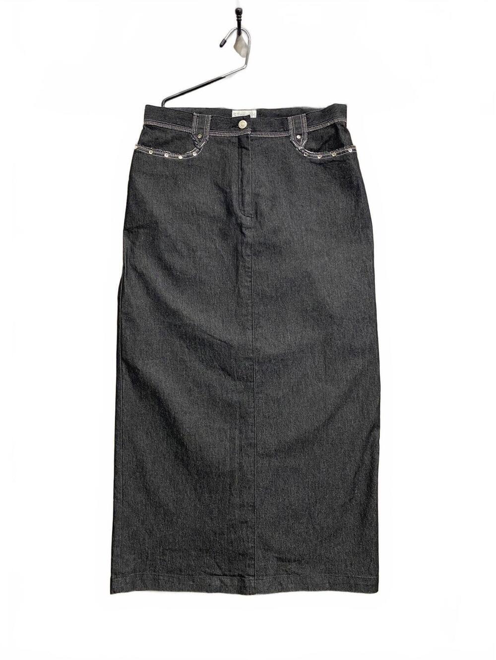 Vtg Proportion Petite Conrad C Black Denim Long Skirt with Stretch & Bling Sz 12